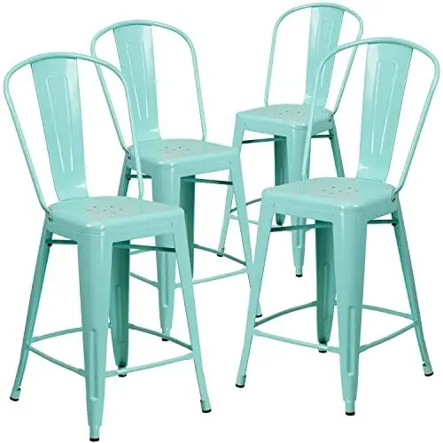 Produktbild: Flash Furniture Blake Handelsübliche Qualität, 61 cm hoch, Metall, für drinnen und draußen, Thekenhöhe mit Rückenlehne, Minzgrün, 4 Stück