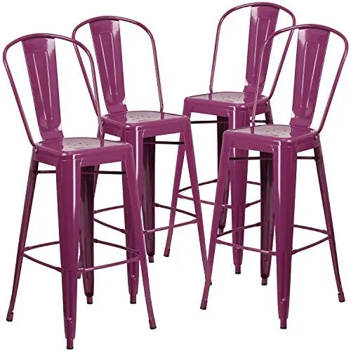Produktbild: Flash Furniture Handelsübliche Qualität, 4 Stück, 76,2 cm hoch, Metall, für drinnen und draußen, Barhocker mit Rückenlehne, Lila, 4 Stück