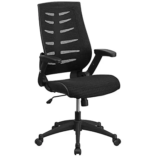 Produktbild: Flash Furniture Designer-Chefsessel, hohe Rückenlehne, Mesh, drehbarer, ergonomischer Bürostuhl mit höhenverstellbaren Klapp-Armlehnen, Metall, Schwarz, 1 Stück