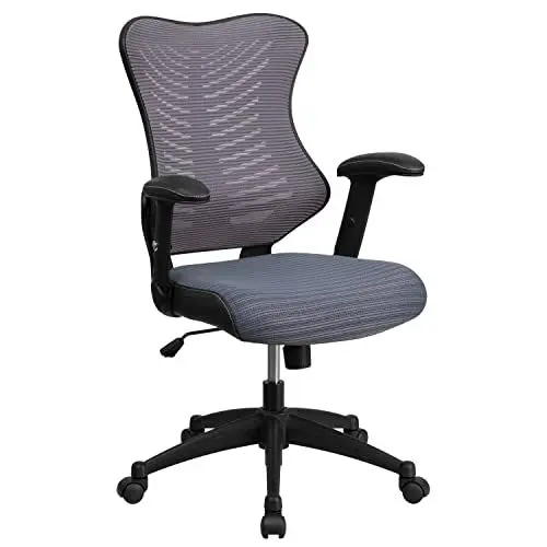 Produktbild: Flash Furniture Designer-Chefsessel, hohe Rückenlehne, graues Netzmaterial, drehbarer, ergonomischer Bürostuhl mit verstellbaren Armlehnen, Stahl, grau, 64 x 65 x 109 cm