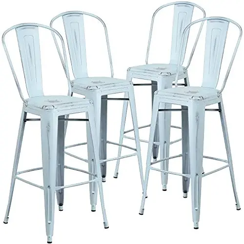 Produktbild: Flash Furniture Handelsübliche Qualität, 4 Stück, 76,2 cm hoch, Metall, für drinnen und draußen, Barhocker mit Rückenlehne, grün-blau, 4 Stück