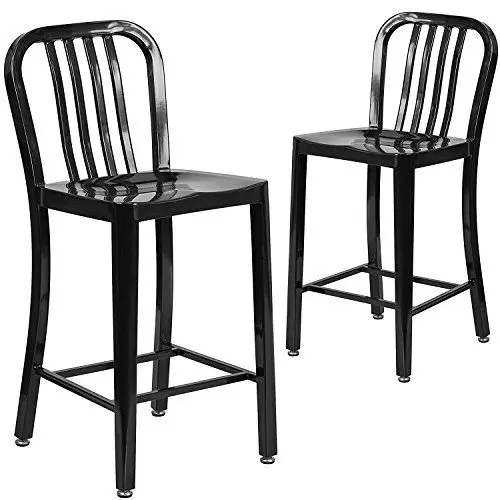 Produktbild: Flash Furniture Lily Barhocker, kommerzielle Qualität, 61 cm hoch, schwarzes Metall, für Innen- und Außenbereich, Thekenhocker mit vertikaler Lattenlehne, 2 Stück