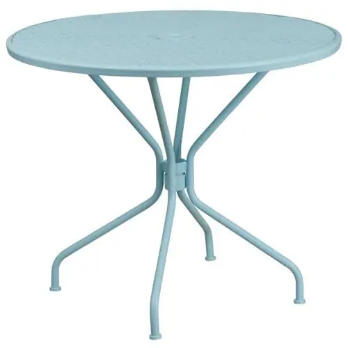 Produktbild: Flash Furniture Oia Terrassentisch aus Stahl für den Innen- und Außenbereich, rund, mit Schirmloch, Metall, Himmelblau, 89,5 cm