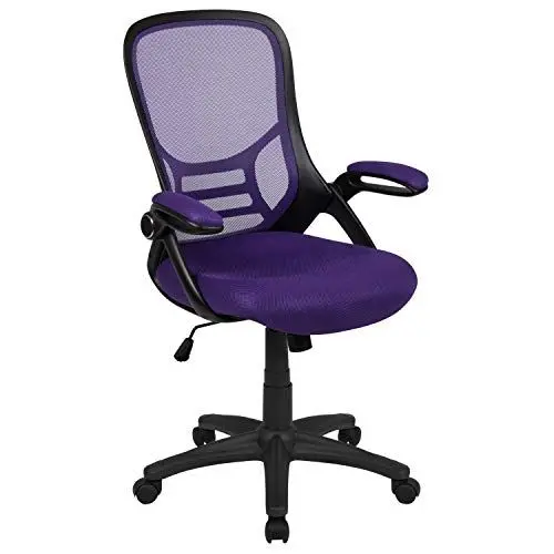 Produktbild: Flash Furniture Porter Bürostuhl mit hoher Rückenlehne und Verstellbarer Lendenwirbelstütze und Sitzhöhe, ergonomischer Schreibtischstuhl aus Netzstoff mit hochklappbaren Armlehnen, Lila/Schwarz