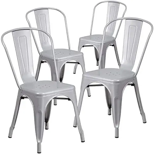 Produktbild: Flash Furniture Set mit 4 Stapelstühlen aus Metall, für Innen- und Außenbereich, aus Gummi, Kunststoff, Farbe Silber, 4 Stück