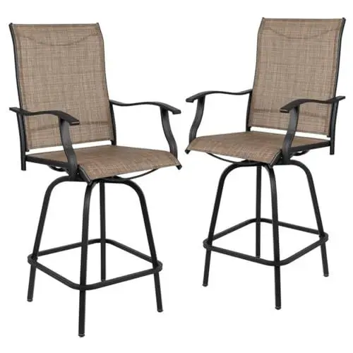 Produktbild: Flash Furniture Valerie Patio Barhocker-Set mit 2 Stück, wetterfesten Textilen-Schwenkbarhockern mit hoher Rückenlehne und Armlehnen in Braun