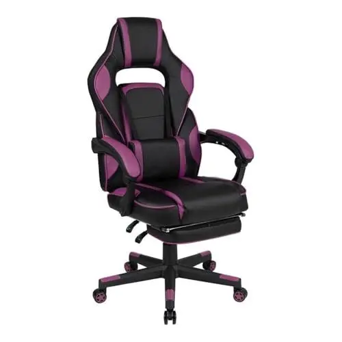 Produktbild: Flash Furniture X40 Gaming-Stuhl, ergonomischer Computerstuhl mit vollständig Verstellbarer Rückenlehne, ausziehbarer Fußstütze, Massage der Lendenwirbelsäule – Schwarz/Lila