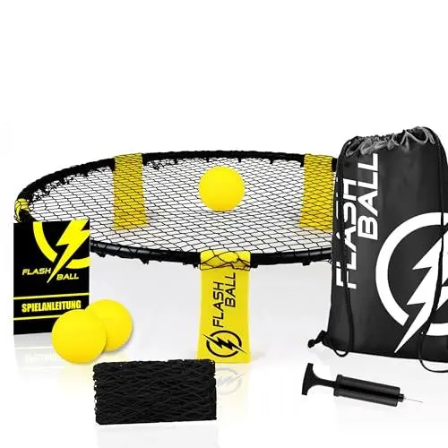 Produktbild: FLASHBALL® Roundnet Pro Set mit 3 Bällen - Das ultimative Sporterlebnis für spontane Outdoor Wettkämpfe, inkl. 3 Bällen, Ersatznetz, Ballpumpe & Tragetasche