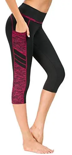 Produktbild: Flatik Damen Netzoberfläche Sport Gym Yoga Laufen Fitness Leggings Hose, Schwarz Rot(3/4 Capri), M
