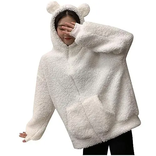 Produktbild: Flauschige Jacke Fleece Jacke Frauen Fleece Zip Up Jacke Winter Warme flauschige doppelte Samt Bär oder Kaninchen Kapuze Mäntel Wintermäntel für Frauen Plus Größe Wintermäntel