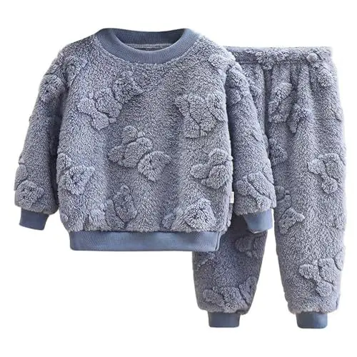 Produktbild: Flauschige Schlafanzug Mädchen Jungen Einfarbig Frottee Pyjama Set mit 3D Tiermuster Weich Kuschelig Pullover Hose Set Hauskleidung Anzug Herbst Winter Warme 2 Stück Nachtwäsche Set 2-9 Jahre