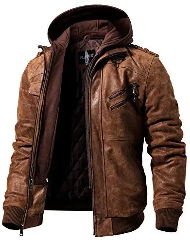 Produktbild: FLAVOR Echtes Lederjacke Herren Abnehmbarer Hoodie (L, Braun)