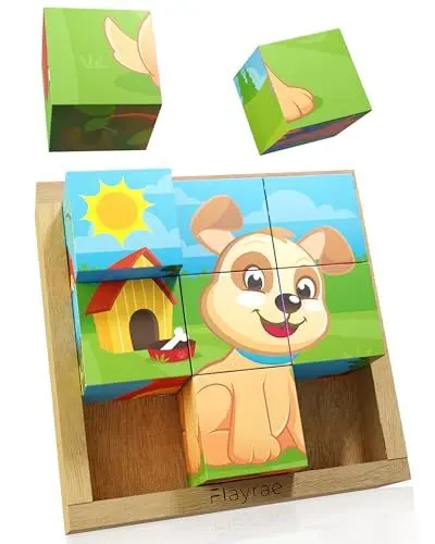 Produktbild: Flayrae® Würfelpuzzle Holz 12x12cm - Deutschlands beliebteste Haustiere - 9 Montessori Bilderwürfel - Ideale Herausforderung für Kinder