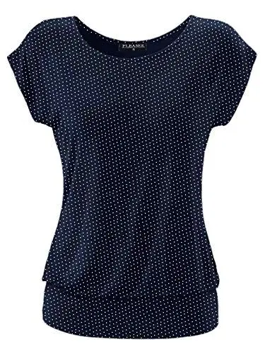 Produktbild: Fleasee Damen T-Shirt Kurz Ärmel Bluse Stretch Lässig Tunika Allover Druck Oberteile Top L Marine Gepunktet