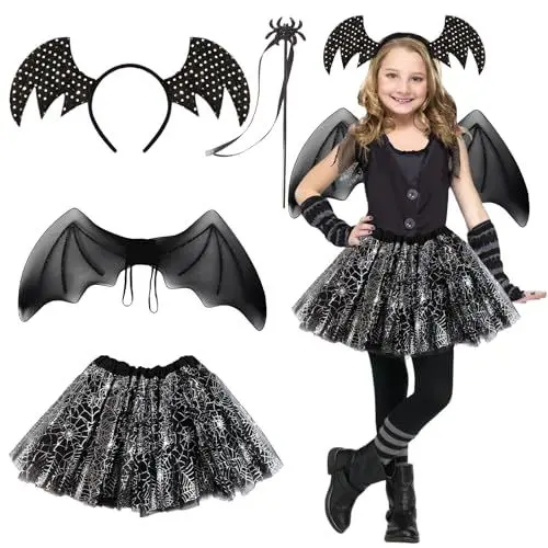 Produktbild: Fledermaus Kostüm Kinder Mädchen, Halloween Kostüm Kinder Mädchen Schwarzer Tüllrock Haarreif Tütü Magic Stick Halloween Costume Kinder Spinne Karneval Kostüm Themenparty Cosplay Faschingskostüme