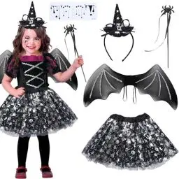 Produktbild: Fledermaus Kostüm Kinder Mädchen, Schwarzer Tüllrock Hexenkostüm Silber Halloween Haarreif Halloween Costume Röcke Accessoires Halloween Flügel Zauberstab Tattoo Gesicht Tütü Faschingskostüme Kinder