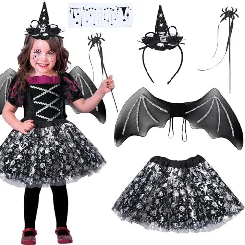 Produktbild: Fledermaus Kostüm Kinder Mädchen, Schwarzer Tüllrock Hexenkostüm Silber Karneval Haarreif Halloween Costume Röcke Accessoires Karneval Flügel Zauberstab Tattoo Gesicht Tütü Faschingskostüme Kinder