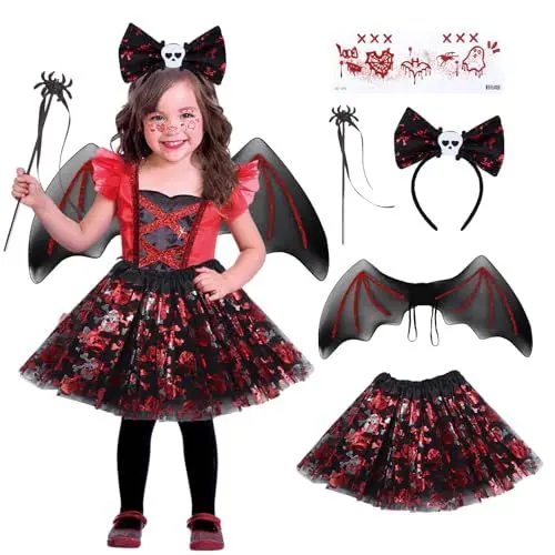 Produktbild: Fledermaus Kostüm Kinder Mädchen, Schwarzer Tüllrock Skeleton Rot Halloween Haarreif Kinder Halloween Costume Röcke Accessoires Halloween Flügel Zauberstab Tattoo Gesicht Tütü Faschingskostüme Kinder