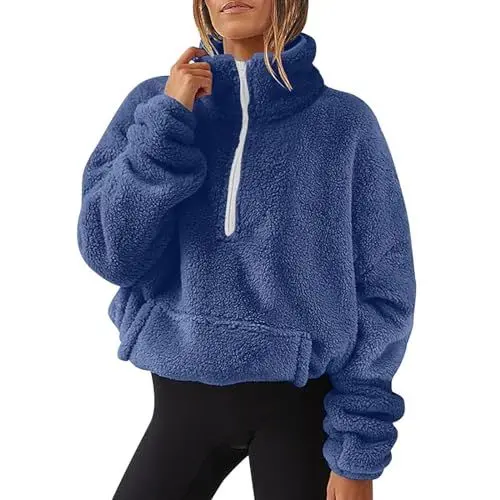Produktbild: Fleecejacke Damen,Reißverschluss Ausschnitt Pullover Tasche Teddy Fleece Hoodie Warm Teddyjacke Stehkragen Sweatjacke Winterjacke Weich Übergangsjacke Komfort Mantel Plüschjacke Jacken(#C Blue,XL)
