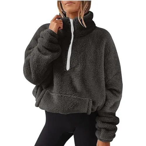Produktbild: Fleecejacke Damen,Reißverschluss Ausschnitt Pullover Mit Tasche Teddy Fleece Hoodie Warm Teddyjacke Stehkragen Sweatjacke Winterjacke Weich Übergangsjacke Komfort Mantel Plüschjacke Jacken(#C Gray,S)