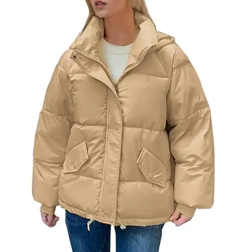Produktbild: Fleecejacke Damen Frauen Winter Warm Hoodie Einfarbig Reißverschluss Verdickte Daunenjacken Mantel Oberbekleidung Trenchcoat Damen Lang Daunenjacken Für Damen (Khaki, S)