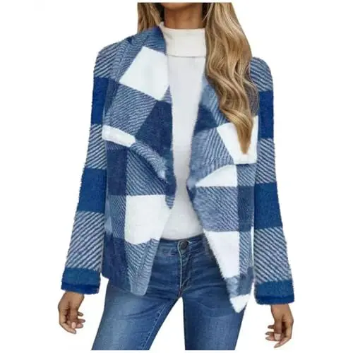 Produktbild: Fleecejacke Damen Kariert Winterjacke Damen Warm Teddyjacke Revers Wintermantel Elegant Wollmantel Winter Jacke Mantel Frauen Strickfleecejacke Dicke Plüschjacke Kuscheljacke Flauschig Casual