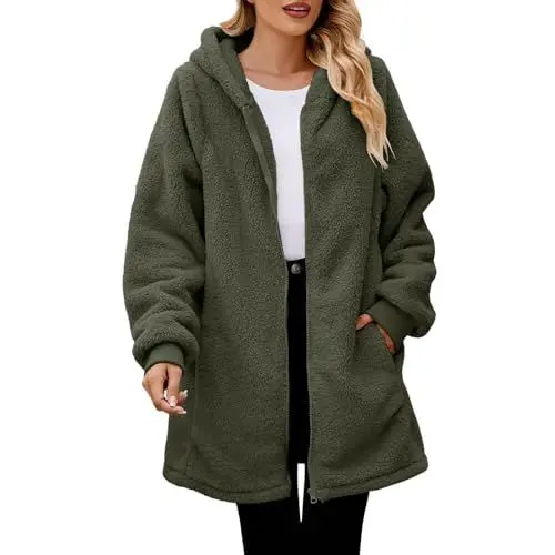 Produktbild: Fleecejacke Damen Lang Winter Plüschjacke Warm Fleecejacke Übergröße Mantel Plüsch Winterjacken Flauschig Kapuzenpullover Dicke Gefüttert Teddyfleece Jacke mit Reißverschluss und Taschen Multi L