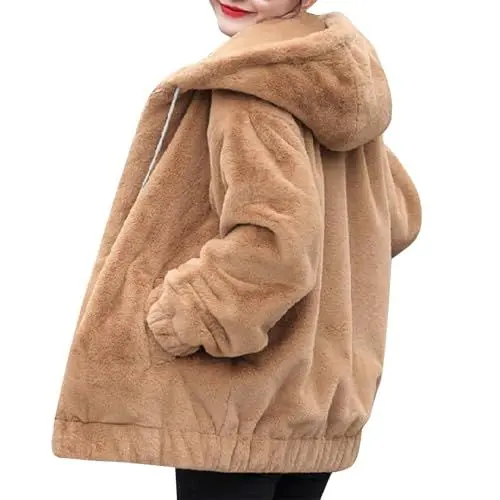 Produktbild: Fleecejacke Damen Mit Kapuze Übergangsjacke Winterjacke Damen Warm Gefüttert Kuscheljacke Flauschig Jacke Winter Mantel Dicke Teddyjacke Frauen Wollmantel Einfarbig Plüschjacke Mit Taschen