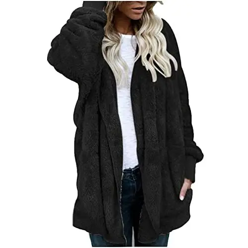 Produktbild: Fleecejacke Damen Mit Kapuze Wintermantel Damen Lang Open Front Hoodie Damen Teddy-Fleece Warm Plüschjacke Mit Taschen Cardigan Frauen Oversize Winterjacke Damen Fell Strickjacke Loose Fit