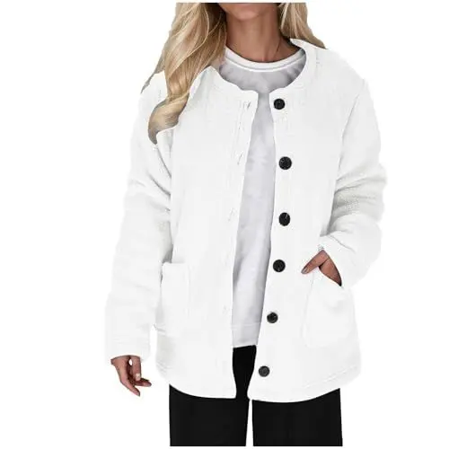Produktbild: Fleecejacke Damen Ohne Kapuze Winterjacke Warm Gefüttert Oversize Plüschjacke Mit Knöpfen Teddyjacke Frauen Einfarbig Teddyfleece Mantel Mit Taschen Jacke Winter Kuscheljacke Flauschig