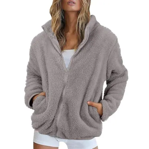 Produktbild: Fleecejacke Damen Stehkragen Teddyjacke Reißverschluss Plüschjacke Frauen Freizeit Kuscheljacke Flauschig Jacke Winter Einfarbig Winterjacke Damen Warm Dicke Elegant Mantel Weich Bequem