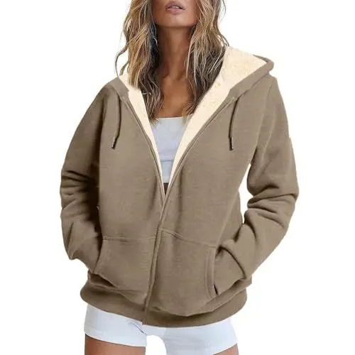 Produktbild: Fleecejacke Damen Women's Thick Wool Hoodie Zipper Casual Hoodie Winter Jacket Jacket Puffer Jacke Damen Strickfleecejacke Damen (Khaki, S)