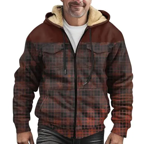 Produktbild: Fleecejacke Herren Aztec Winterjacke mit Kapuze Retro Ethnic Drucken Jacke Winter FleeceFutter Reißverschluss Thermojacke Outdoor Fleece Warm Jackett Warmer Innenfleece Winterparka Braun XXL