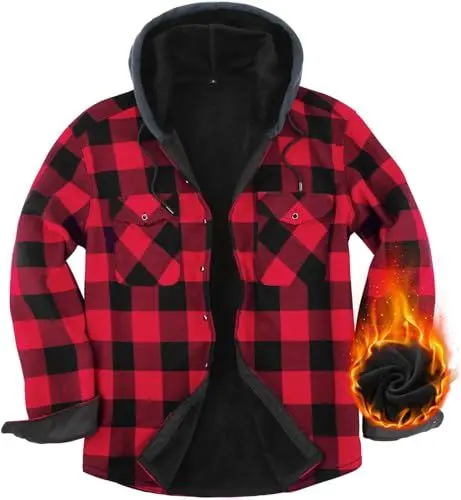 Produktbild: Fleecejacke Herren Hemdjacke Kariertes Winterjacke mit Kapuze Flanellhemd Gefüttert Freizeitjacke Button Down karohemd Warme Holzfällerjacke Hoodie für Herren Red-Q5-M