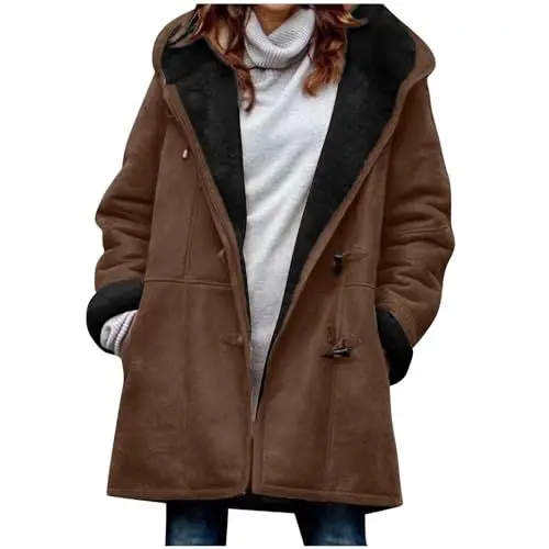 Produktbild: Fleecejacke Hoodie Damen Kapuzenpullover Winter Warm Weich und bequem Sweatjacke Warm Gefüttert Fleecejacke ReißVerschluss Fellmantel PlüSchjacke Winterjacke mit Taschen (Coffee, M)
