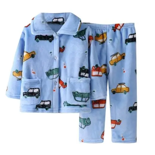 Produktbild: Fleece-Pyjama-Set für Kinder Jungen, warme Winter- -Nachtwäsche, weiche Oberteile, Hosen-Sets mit Taschen Festliche Kleidung (1-e4-himmelblau, 4-5 Jahre)