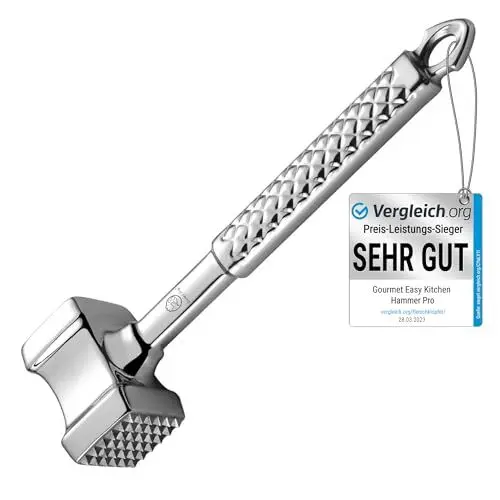Produktbild: Fleischklopfer Edelstahl spülmaschinenfest - Original Design - Doppelseitiger Schnitzelklopfer ideal für Schnitzel, Koteletts, Steaks - Fleischhammer mit 5 Jahre Garantie