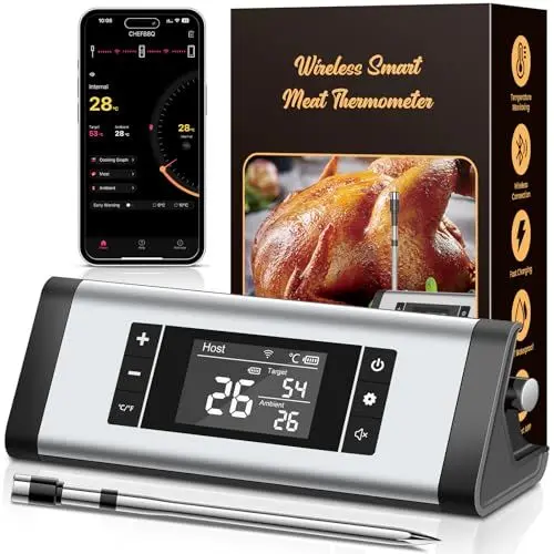 Produktbild: Fleischthermometer Kabellos, Grillthermometer Bluetooth Bis 240m, App (Deutsch)-Steuerung, 24h+ Betrieb, Ip67 Spülmaschinenfest & Ölbeständig - Für Grill, Smoker, Rotisserie, Backofen, Airfryer