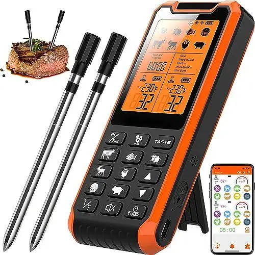 Produktbild: Fleischthermometer Kabellos mit Timer und Alarmfunktion, 210m Bluetooth Signalentfernung 2 Stück Grillthermometer Meat Thermometer IP67 Wasserdicht Bratenthermometer, Digital