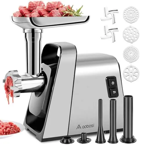 Produktbild: Fleischwolf Elektrisch, AAOBOSI 3-IN-1 (3000W Max) Multi Fleischwolf mit 4 Edelstahl-Schleifplatten, Kubbe & Wurstfüllrohren (Edelstahl)