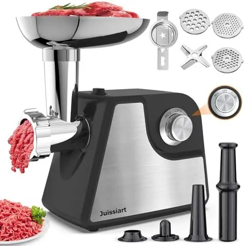 Produktbild: Fleischwolf Elektrisch, Elektrischer Fleischwolf mit Wurstfüller, Kibbe-Aufsätze, Spritzgebäckvorsatz, Hackfleisch Maschine mid Edelstahl Schleifmesser, 3 Lochscheiben, 2 Geschwindigkeiten