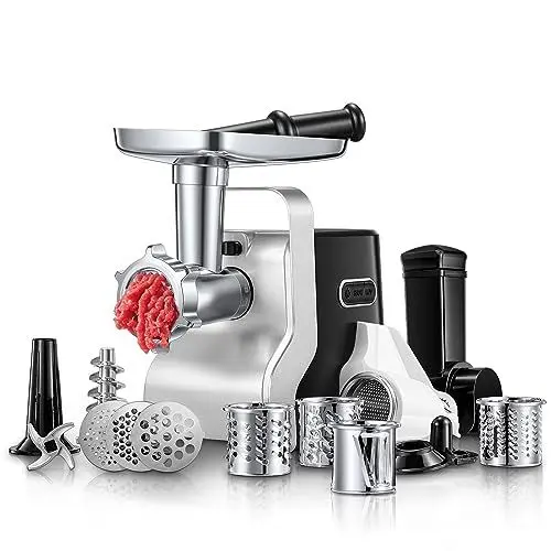 Produktbild: Fleischwolf Elektrisch, 5 in 1 (700W, 2800W Max Blockierleistung), Elektrischer Fleischwolf mit 3 Edelstahl Loch-Scheiben(3, 5, 7mm) & 4 Kegel-Klingen, Wurstaufsatz, Kubbe-Aufsatz, Schwarz