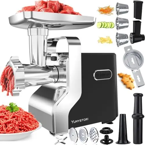 Produktbild: Fleischwolf Elektrisch, Multifunktion Elektrischer Fleischwolf mit Drei Formen von Schneidebechern, Fleischwolf mit Wurstfüller, Spritzgebäck & Kebbe Aufsatz, 3 Edelstahl Lochscheibe