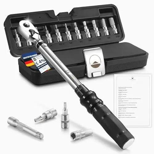 Produktbild: FLEXBERG Drehmomentschlüssel Fahrrad Set 2-20 Nm, Drehmomentschlüssel 1/4, Präzises Torque Wrench Set für Bike und Motorrad, Fahrrad Werkzeugset, inkl. 11 Bits & Verlängerung