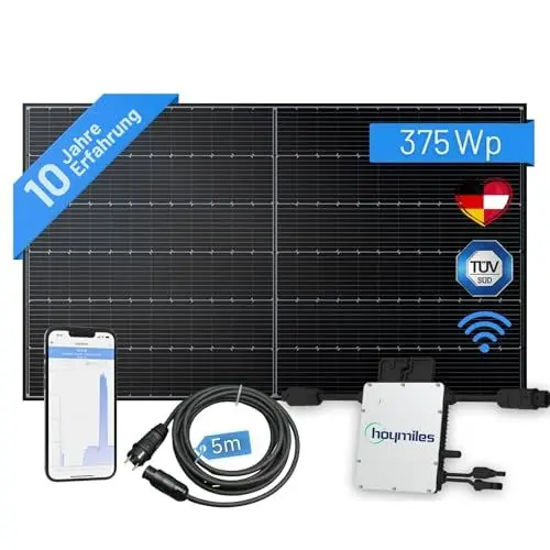 Produktbild: flex-energie Balkonkraftwerk Komplettset I 375Wp Solarmodul mit Hoymiles HM-300 Wechselrichter & 5m Kabel I Solaranlage zur Stromkosten-Einsparung & Energiegewinnung auf Terasse, Balkon, Dach