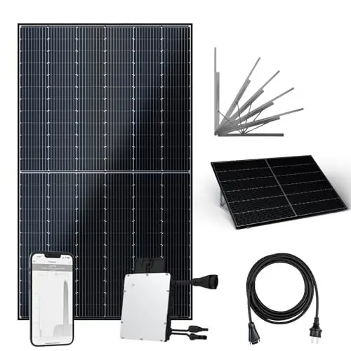 Produktbild: flex-energie Balkonkraftwerk Komplettset I 445Wp Solarmodul, Hoymiles HMS-400W-1T Wechselrichter, Universalaufständerung & 10m Kabel I Bifaziale Solaranlage zur Energiegewinnung I Leistung drosselbar