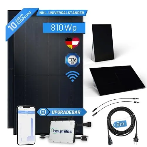 Produktbild: flex-energie Balkonkraftwerk Komplettset I 810Wp Solarmodul, Hoymiles HMS-800W-2T Wechselrichter, Universalaufständerung & 5m Kabel I Stromkosten-Einsparung & Energiegewinnung auf Flachdach & Balkon