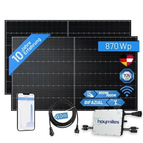 Produktbild: flex-energie Balkonkraftwerk Komplettset 900Wp I 2x450Wp Solarmodule, Envertech EVT800-B Wechselrichter & 10m Kabel I Bifaziale Solaranlage für 20% mehr Stromgewinnung I Energiegewinnung von Zuhause