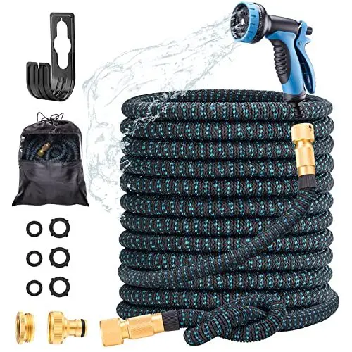 Produktbild: Flexible Gartenschlauch 30M/100FT, UURig Ausdehnbar Wasserschlauch Set mit 1/2'' 3/4'' Messing Anschluss, 10 Modi Hochdruck Handdüse für Gartenarbeit Bewässerung Autowäsche Haustier, Blau Schwarz…