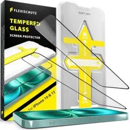 Produktbild: FlexiSchutz Schutzglas für iPhone 15 & iPhone 16 Schutzfolie, Screen Protector, Glas Displayschutzfolie mit praktischer Installationshilfe, Glas Folie mit Schabone, Displayschutz (2 Stück)